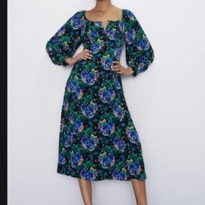 Zara Floral Printed Midi Dress Black Blue Medium